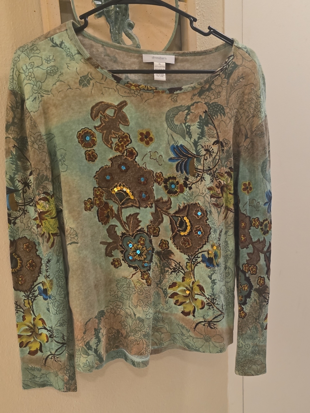 dressbarn Teal Green Floral Sequin Long Sleeve Top Size XL